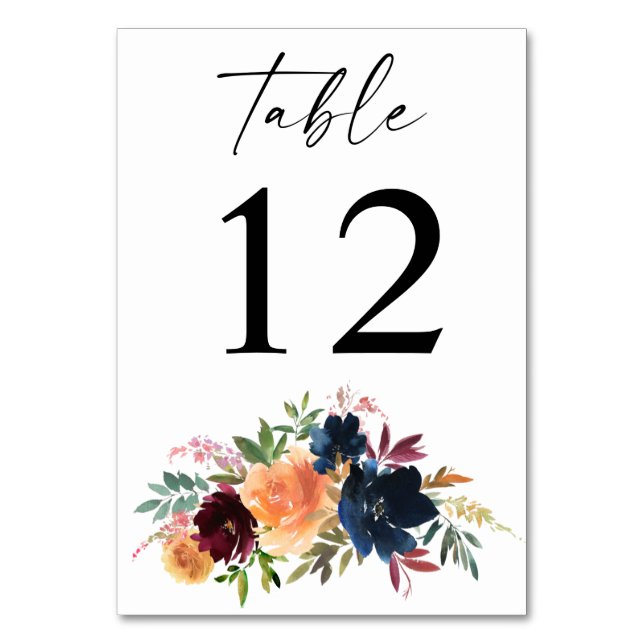 Peach, Orange & Burgundy Floral Table Number (Front)
