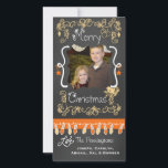 Peach/Orange Chalkboard Merry Christmas Photo Card<br><div class="desc">Merry Christmas holiday photo cards with a chalkboard look background, lots of peach swirls and text that reads Merry Christmas, a string of colourful tree lights in peach and orange, peach and orange hanging ornaments, and areas you can customise these beautiful and bright holiday photo cards with your photo and...</div>