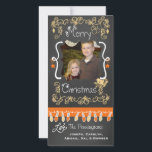 Peach/Orange Chalkboard Merry Christmas Photo Card<br><div class="desc">Merry Christmas holiday photo cards with a chalkboard look background, lots of peach swirls and text that reads Merry Christmas, a string of colourful tree lights in peach and orange, peach and orange hanging ornaments, and areas you can customise these beautiful and bright holiday photo cards with your photo and...</div>