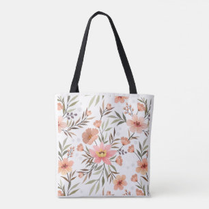 Peach Orange Floral Botanical Pattern Shoulder  Tote Bag