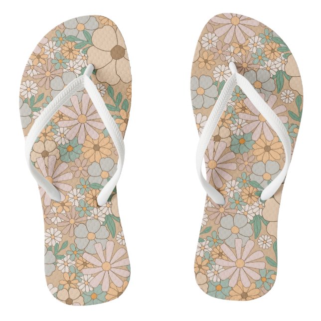 Peach Orange Floral Sandals Slippers Flip Flops (Footbed)