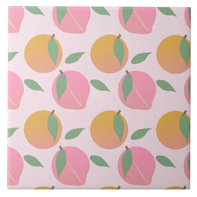 Peach Orange Fruit Pattern Pink Ceramic Tile (Front)