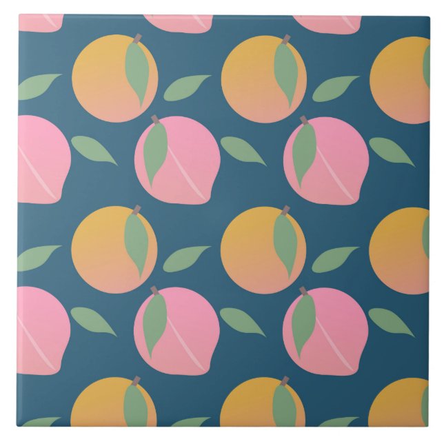 Peach Orange Fruit Pattern Pink Ceramic Tile (Front)