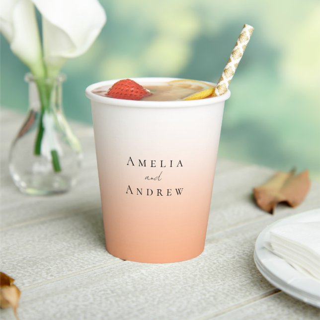 Peach Orange Fuzz Elegant Modern Wedding Paper Cups (Insitu)