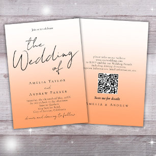 Peach Orange Fuzz Script Elegant QR Code Wedding Invitation
