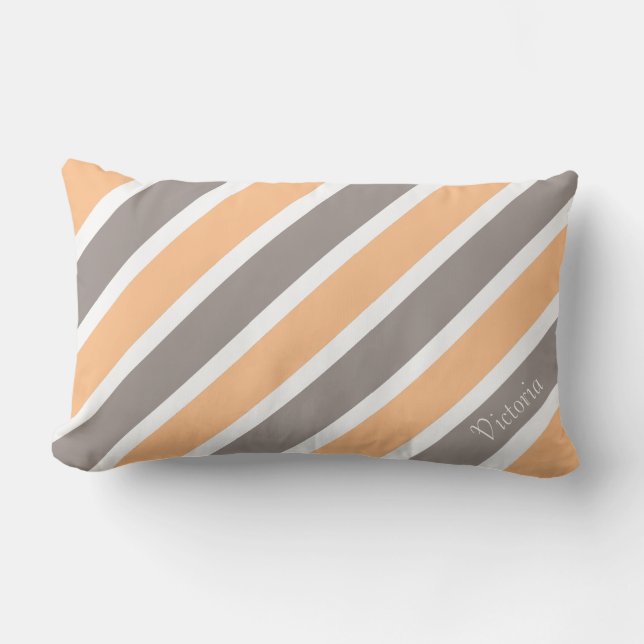 Peach Orange Grey Stripes with Name Lumbar Cushion (Front)