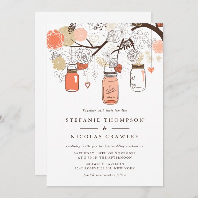 Peach Orange Hanging Mason Jars Wedding Invitation (Front/Back)