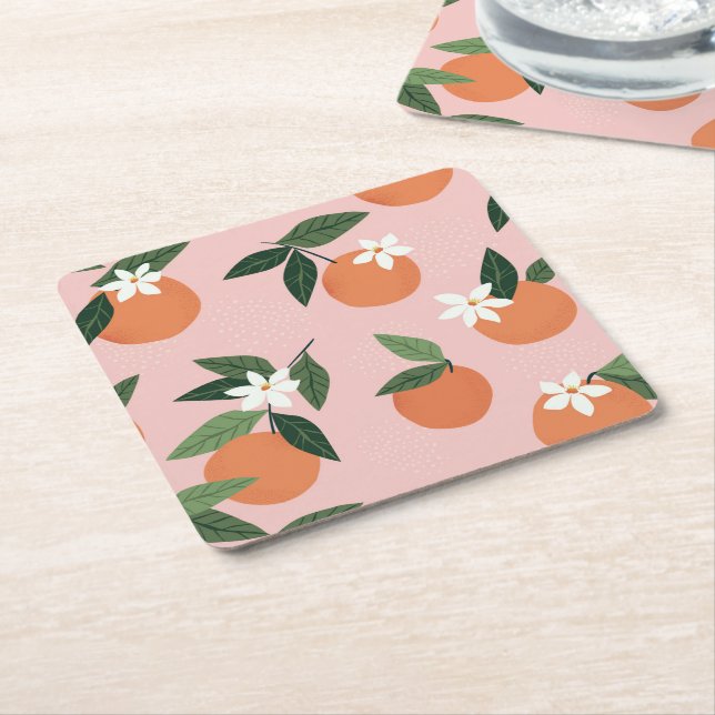 Peach Orange Juice Pattern Square Paper Coaster (Angled)