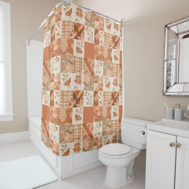 Peach Orange Patchwork Quilt Rustic Floral Retro  Shower Curtain (In Situ)