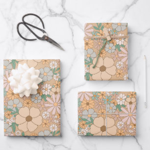 Peach Orange, Pink Grey, Floral, 3 set Wrapping Paper Sheet