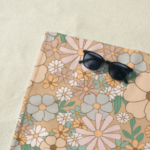 Peach Orange Pink Grey Floral Beach Towel