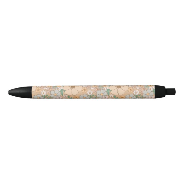 Peach Orange Pink Grey Floral Black Ink Pen (Front)