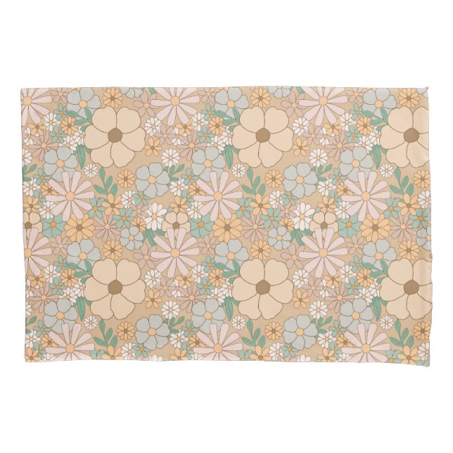 Peach Orange Pink Grey Floral Pillowcase (Front)