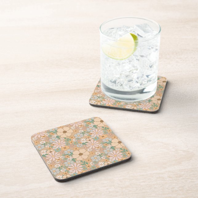Peach Orange Pink Grey Floral, Plastic  Coaster (Right Side)