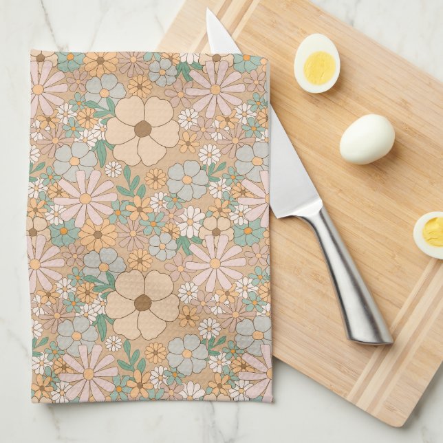 Peach Orange Pink Grey Floral Tea Towel (Quarter Fold)