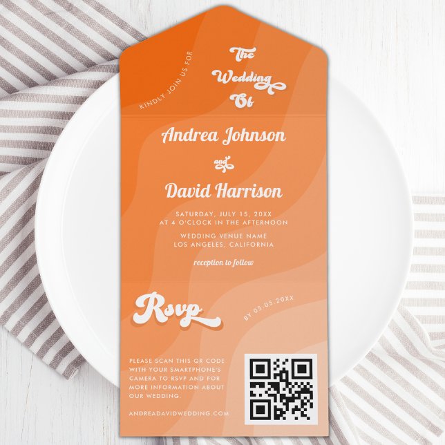 Peach Orange Retro Wave Groovy 70s QR Code Wedding All In One Invitation (Creator Uploaded)