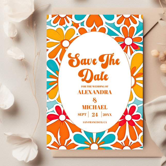 Peach Orange Retro Wave Groovy 70s  Wedding  Save The Date (Creator Uploaded)