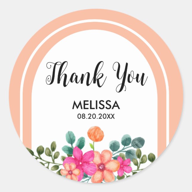 Peach Orange Spring Flora Greenery Thank You Classic Round Sticker (Front)