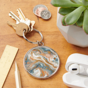 Peach Orange Teal Blue White Gold Marble Pattern Key Ring