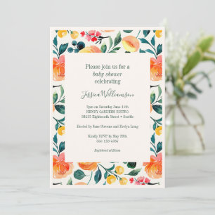 Peach Orange Watercolor Floral Baby Shower Spring Invitation