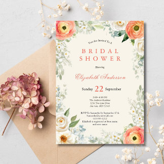 Peach Orange White Watercolor Floral Bridal Shower Invitation