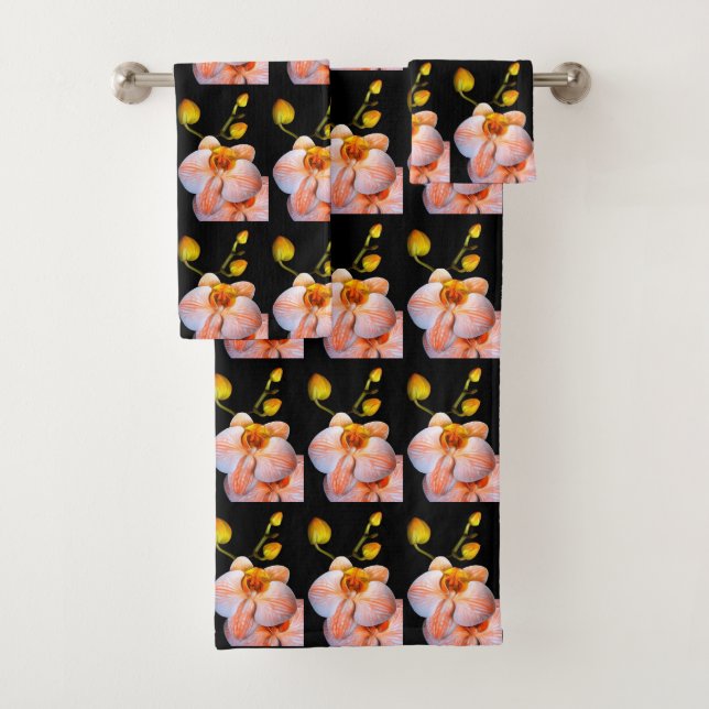 Peach orchid on black towel set (Insitu)