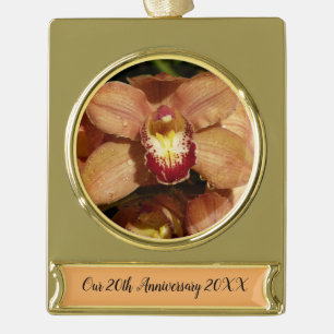Peach Orchids with Raindrops Floral Gold Plated Banner Ornament
