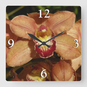 Peach Orchids with Raindrops Square Wall Clock