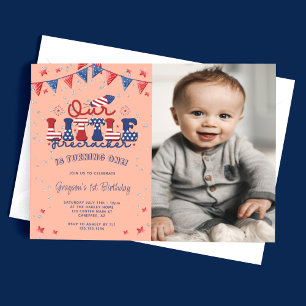 Peach Our Little Firecracker 1st Birthday Photo Invitation
