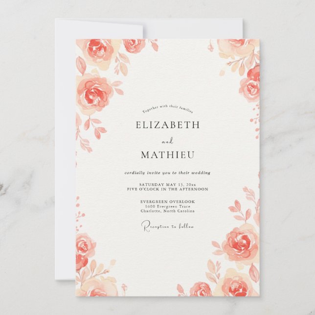 Peach Painted Leafy Wedding Invitation (Front)