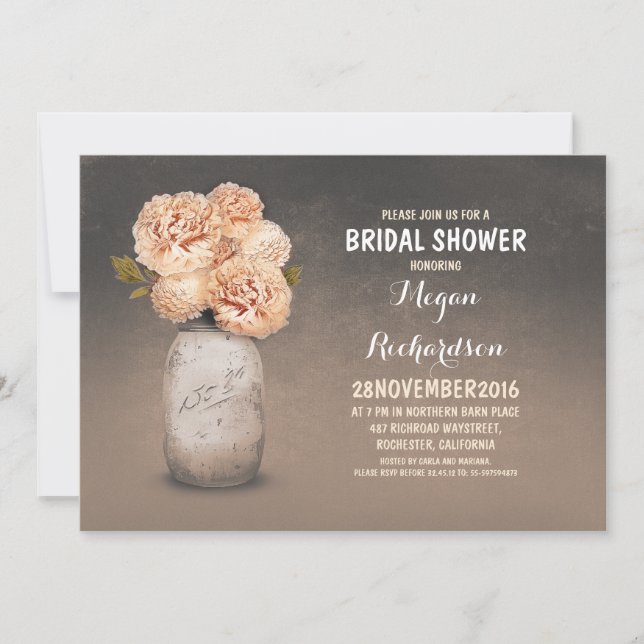 Peach painted mason jar rustic bridal shower invitation (Front)