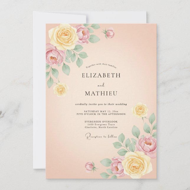 Peach Painterly Floral Wedding Invitation (Front)