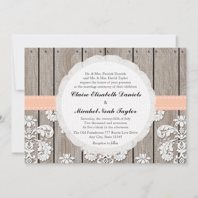 Peach Pale Coral Wood Lace Wedding Invitations (Front)