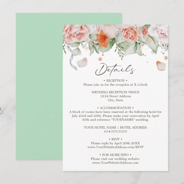 Peach Pastel Floral Details Enclosure Card (Front/Back)