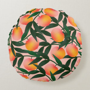 Peach pattern on pink background. Hand drawn fruit Round Cushion