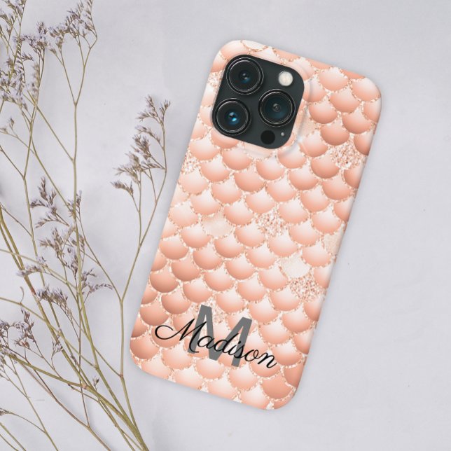 Peach Pearl Glitter Girly Background Monogram Name Case-Mate iPhone Case (Creator Uploaded)