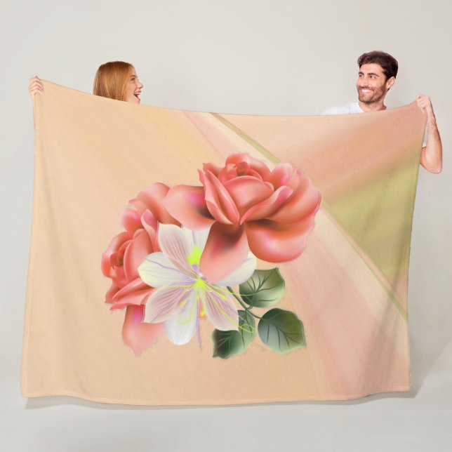 Peach Peonies and Ghost Orchid Fleece Blanket (In Situ)