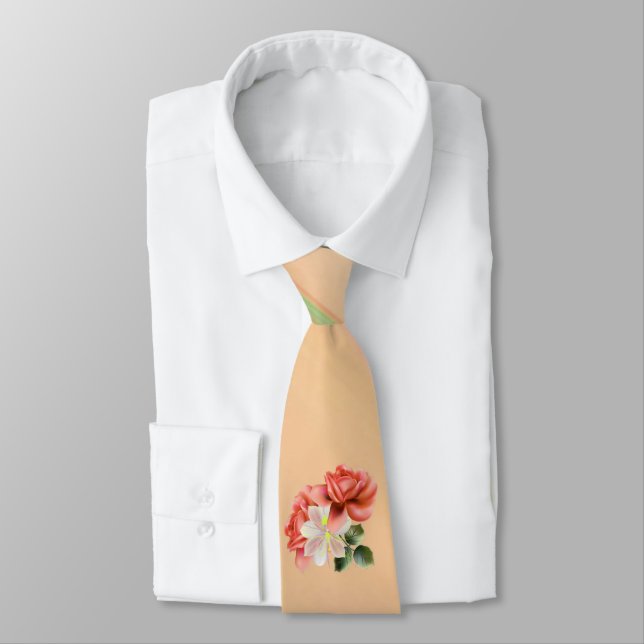 Peach Peonies and Ghost Orchid Tie (Tied)