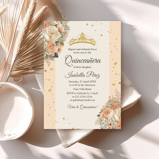 Peach Peonies and Glitter Tiara Quinceanera Invite (Peach Peonies and Glitter Tiara Quinceanera Invite on a white table with neutral decor.)