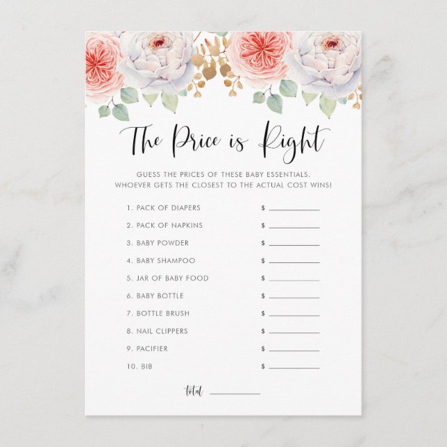 Peach Peonies and Gold Leaves Guess The Price Game Enclosure Card (Front)