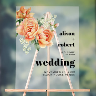 Peach peonies and roses frosted wedding WELCOME Acrylic Sign