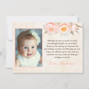 Peach Peonies Baptism Thank You Card for Girl