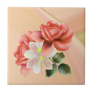 Peach Peonies Ceramic Tile
