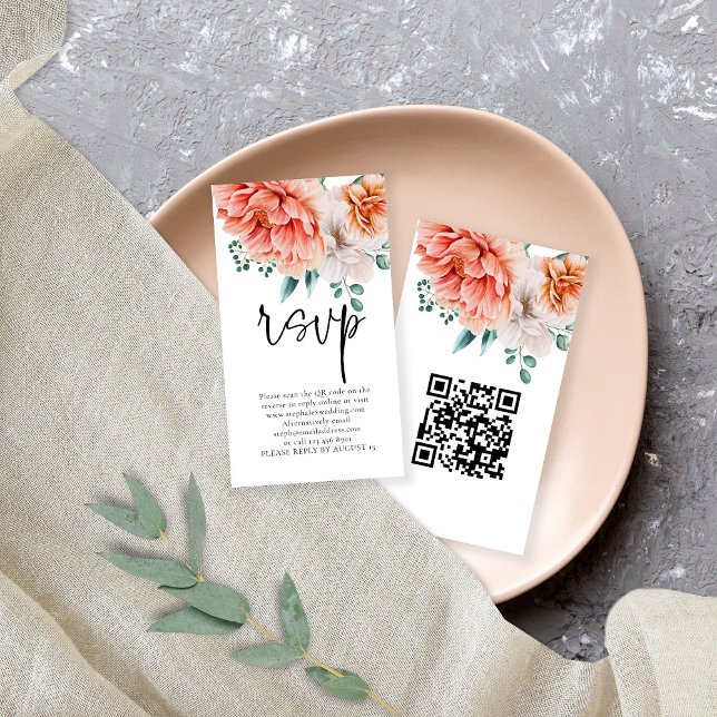 Peach Peonies Florals Script QR Code Wedding RSVP  Enclosure Card (Creator Uploaded)