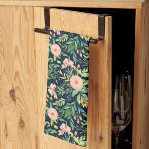 Peach Peonies on Dark Blue Kitchen Towel