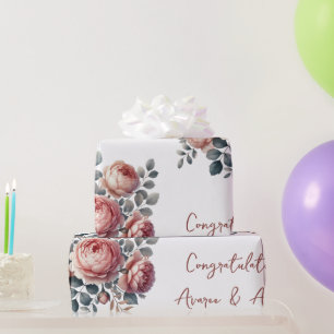 Peach Peonies On White Personalised Wedding/Shower Wrapping Paper