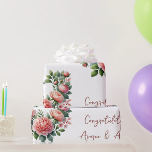 Peach Peonies On White Personalised Wedding/Shower Wrapping Paper