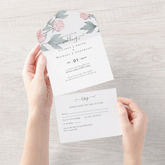 Peach Peonies Sage Floral Budget Wedding All In One Invitation (Tearaway)