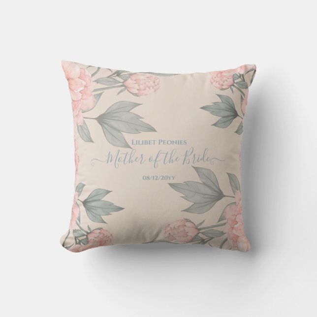 Peach Peonies Sage Floral Budget Wedding Cushion (Front)