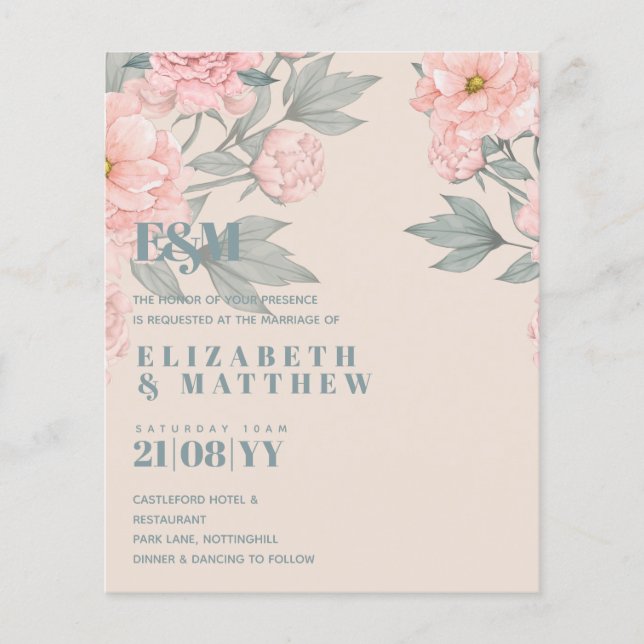Peach Peonies Sage Floral Budget Wedding Flyer (Front)